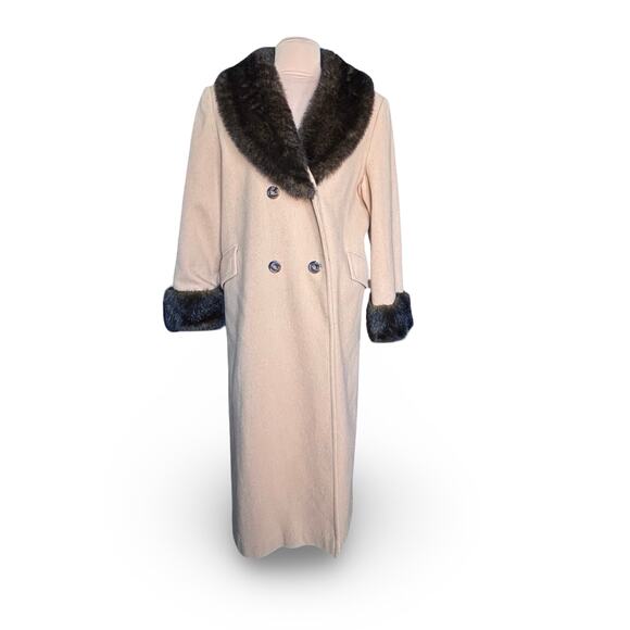 Vintage Camel Wool Coat Faux Fur Collar Cuffs Long Double Breasted 16P Petite - Picture 3 of 15